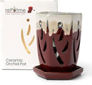 rePotme 4 x 6 inch Ceramic Orchid Pot (Cream Over Garnet) - Hexagon Orchid Pot with Holes by GreenHaven Gardens