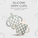 Silicone Sippy Cups with Easy Grip Transition Handles and a Soft Spout. A Non Txoic No Spill Unbreakable Training Cup. 150ml/5oz |2-PACK Sandy Shore & Green Checkers| by TinyTreasures Baby Boutique
