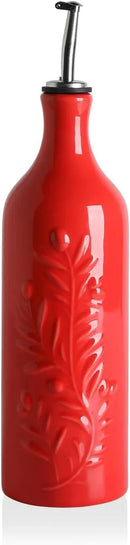 Sweejar Large Olive Oil Dispenser Bottle with Spout, 24 Oz Ceramic Oil Dispenser for Kitchen, Relief Opaque Cruet, Container for Cooking, EVOO, Vinegar, Pack of 1 (Red) by CozyNest Decor
