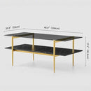 Rectangle Coffee Table for Living Room, Mid-Century Modern Design, L41 x W21 x H17, 2-Tier Structure, Clear Glass Top and Black Marble Wood Shelf, Conical Metal Legs with Gold Finish by CozyNest Decor