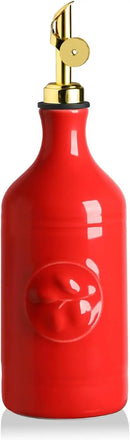 Sweejar 16 Oz Ceramic Olive Oil Dispenser Bottle, Oil Dispenser for Kitchen with Gravity Spout, Relief Opaque Vinegar Container for Evoo, Soy Sauce, 1 Pack(Red, Gold Spout) by CozyNest Decor
