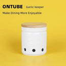 Large Garlic Keeper with Wooden Lid, Ceramic Garlic Holder Storage, Garlic Container for Kitchen, Garlic Saver to Keep Your Garlic Cloves Fresh Longer 4.5-Inch, White by CozyNest Decor