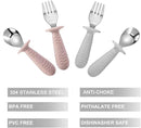 PandaEar 4 Set Baby Toddler Silicone Stainless Steel Utensils Silverware Spoon Fork for Baby Toddler BPA Free with Silicone Holding Anti-Choke Design (Pink&Grey) by TinyTreasures Baby Boutique