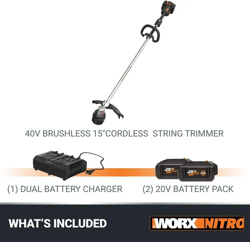 Worx Nitro 40V 15" Cordless String Trimmer with Brushless Motor, Powerful Grass Trimmer with Dual-Exit Bump-Feed Head, Lightweight Weed Trimmer Easy-Load Spool Head – Batteries & Charger Included, photo 6 of 6