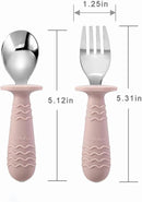 PandaEar 4 Set Baby Toddler Silicone Stainless Steel Utensils Silverware Spoon Fork for Baby Toddler BPA Free with Silicone Holding Anti-Choke Design (Pink&Grey) by TinyTreasures Baby Boutique