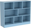 IOTXY Open Shelf Low Bookcase - Wooden 3-Tier Floor Standing Display Cabinet Organizer with Base, 8 Cubes Short Horizontal Bookshelf in Bright Blue by CozyNest Decor