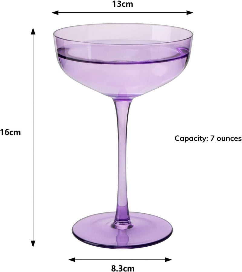 Colored Coupe Glasses | Set of 6 | 7 oz Classic Cocktail Glassware for Champagne, Martini, Manhattan, Cosmopolitan, Crystal Speakeasy Style Goblets Stems, Elegantly Color (Classic Multicolor)