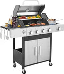 4-Burner Propane Gas Grill With Side Burner, 34,200 BTU Outdoor BBQ Grill with Stainless Steel Warming Rack & Enameled Cooking Grids – Foldable Side Tables, Built-in Thermometer – Heavy-Duty 6" Wheels by GreenHaven Gardens