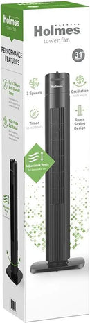Holmes 31" Manual Tower Fan, 70° Oscillation, 3 Speeds, 2-Hour Auto Shut-Off Timer, Adjustable Vents, Compact and Slim Profile, Carry Handle, Ideal for Cooling your Home, Bedroom or Office, Black by CozyNest Decor