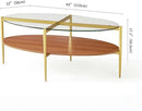 Oval Glass Coffee Table, Mid-Century Modern Design, L43 x W22 x H17 inch, 2-Tier Structure, Olive Shaped Clear Glass Top and Walnut Finish Wood Shelf, Tapered Legs with Gold Finish Frame by CozyNest Decor