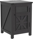 JXQTLINGMU Farmhouse End Table with Charging Station, 18'' Rustic Nightstand with Barn Door & Adjustable Shelf, Wooden Sofa Side Table with 3-Tier Storage for Living Room, Bedroom, Black by CozyNest Decor