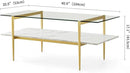 Rectangle Coffee Table for Living Room, Mid-Century Modern Design, L41 x W21 x H17, 2-Tier Structure, Clear Glass Top and White Marble Finish Wood Shelf, Conical Legs with Gold Finish by CozyNest Decor