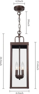 Large Outdoor Pendant Lantern Light Fixture for Front Porch, 20 Inch 2-Light Bronze Exterior Hanging Chandelier with Clear Glass, Outdoor Indoor Pendant Lamp for Patio, Gazebo, RZ008M-H ORB