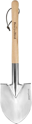 Berry&Bird Short Hand Shovel, 19.8’’ Digging Trowel for Gardening with Wood Handle Stainless Steel Round Point Spade Shovel with Serrated for Cutting, Transplanting & Weeding by GreenHaven Gardens