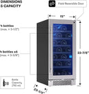Zephyr Brisas 15 Inch Slim Wine Fridge Single Zone Under Counter - Narrow Mini Wine Cooler Small Cabinet Wine Refrigerator Home Bar Freestanding with Glass Door - 28 x 750ml Bottles by CozyNest Decor