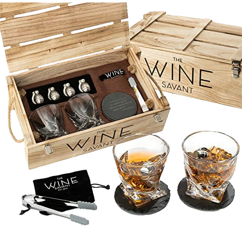 Whiskey and Spirits Gifts for Men Dad Luxurious Twist Glasses with Whiskey Stones - 2 10oz Twist Whiskey Glasses, Tongs, 4 Chilling Rocks Stones - Army Crate Box - US Army, Veteran Military (Bullets)