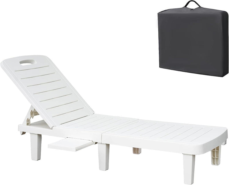 Chaise Lounge Chair Patio Sunbathing Chair with 4 Level Adjustable Backrest & Hide Cup Holder, White