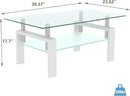 Glass Coffee Table Rectangle White Living Room Center Table, 39inch Transparent Tempered Glass Tabletop and Metal Frame, White + Clear Glass by CozyNest Decor
