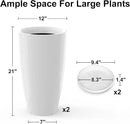 Tall Flower Pot Indoor - Outdoor Plant Pot - White Glossy Planter - Elegant Ceramics Imitation - 12" Diameter 21" Tall with Drainage Holes and Saucer by CozyNest Decor