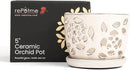 rePotme 5 inch Orchid Pot - Floral Cutout Ceramic Orchid Pot with Holes (White Diamond) - Includes 5 inch Slotted Pot Liner by GreenHaven Gardens