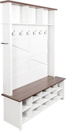 Ball & Cast 4-in-1 Hall Tree with 6 Hooks,Walnut Entryway Bench with Adjustable Shelves,Rustic Shoe Organizer with 16 Open Compartments,for Mudroom,Living Room,Hallway,White by CozyNest Decor