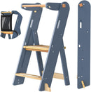 GROWNSY Foldable Step Stool Toddler Tower, Toddler Kitchen Stool Helper, Collapsible Kids Standing Learning Tower with 3 Adjustable Heights and Safety Net for Kitchen Bathroom Sink Counter (Blue Gray) by TinyTreasures Baby Boutique