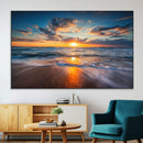 Sunset on the Ocean Beach with Waves, Reflections on Sand,