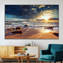 Golden Hour Beach Sunset Canvas Triptych, Ocean Waves and