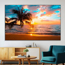 Palm Tree Sunset On The Beach Wall Art Canvas, Framed Palm