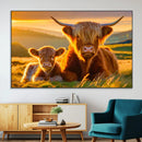 Scottish Cow and Baby Cow Canvas Wall Art Animal Print