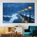 Stormy Ocean Pier Lights Canvas Wall Art Print - Large Moody