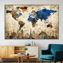 World Map Canvas Print – Vintage Blue and Gold World Map