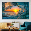 Ocean Wave Sunset Wall Art | Large Coastal Wave Canvas Print