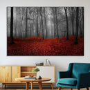 Red Forest Floor Canvas Wall Art – Mystical Foggy Woodland