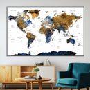 Modern Abstract World Map Canvas Wall Art – Framed Blue and