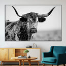 Texas Cow Longhorn Wall Art Canvas Print in Black and White