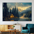 Mountain Cabin by the Lake at Sunset Wall Art - Serene