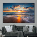 Sunset on the Ocean Beach with Waves, Reflections on Sand,