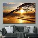 Golden Tropical Beach Sunset Canvas Triptych, Coastal Palm