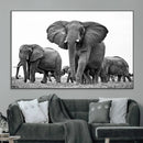 Black White Elephant Family Wall Art Canvas Print