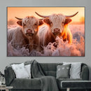 Highland Cows at Sunrise Wall Art Canvas Set – Serene and