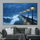 Stormy Ocean Pier Lights Canvas Wall Art Print - Large Moody