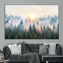 Misty Pine Forest Wall Art Canvas, Sunrise Over Foggy Trees