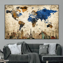 World Map Canvas Print – Vintage Blue and Gold World Map