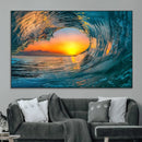 Ocean Wave Sunset Wall Art | Large Coastal Wave Canvas Print