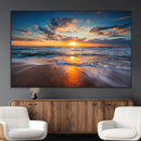 Sunset on the Ocean Beach with Waves, Reflections on Sand,