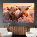 Highland Cows at Sunrise Wall Art Canvas Set – Serene and