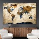 World Map Wall Art – Antique Style Blue and Brown Map Canvas