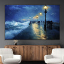 Storm Ocean Pier Canvas Wall Art Print - Large Moody Night