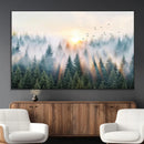 Misty Pine Forest Wall Art Canvas, Sunrise Over Foggy Trees